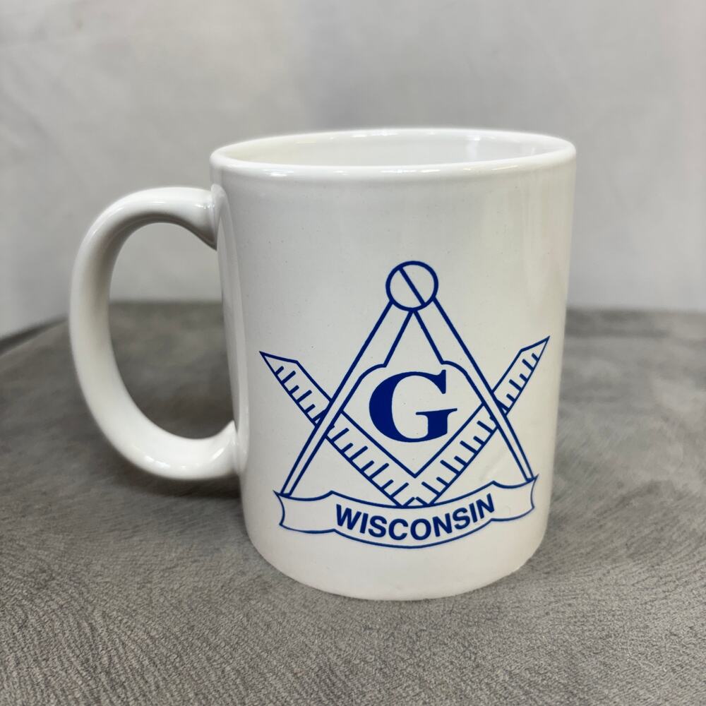 Wisconsin Masonic Coffee Mug White with Blue Mason Square and Compass Ceramic